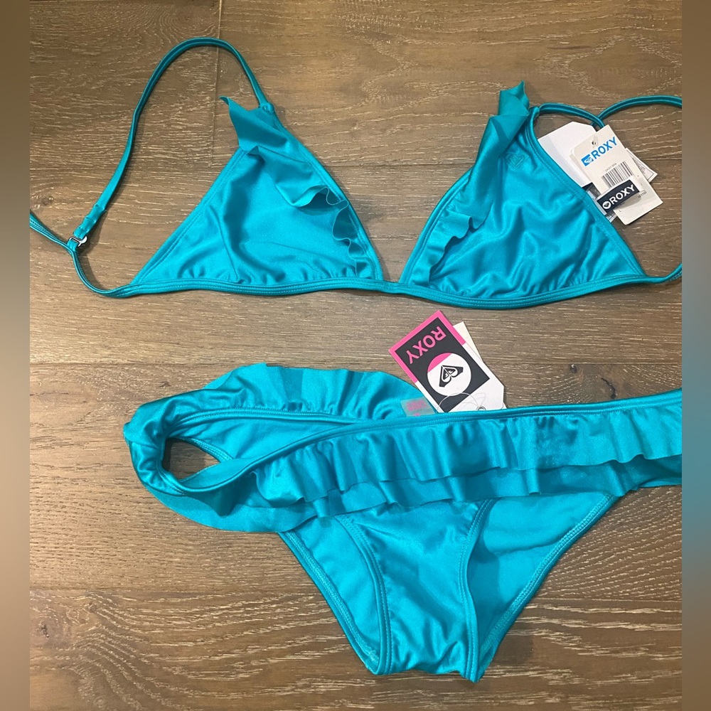 NWT Roxy Blue Green Turquoise Ruffle Bikini Triangle Daisy Bra Top & Bottoms M L